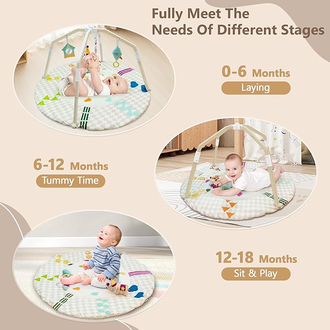 Bella’s Friends Baby Play Gym Mat, Stage-Based Developmental Tummy Time Mat, Wooden Activity Center for Baby with 4 Detachable Sensory Toys and Reversible Mat, Baby Essentials Gifts for Newborn Infant