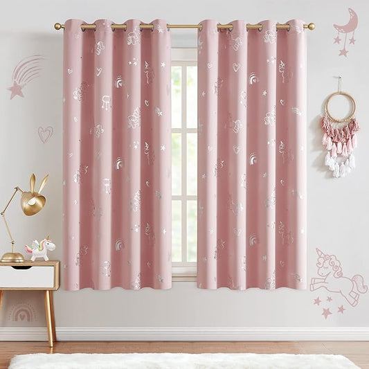 jinchan Pink Blackout Unicorn Curtains for Girls Kids Room Thermal Insulated Room Darkening Rainbow Curtains for Girls Bedroom Living Room Silver Foil Printed Grommet 63 Inches Long Pink 2 Panels