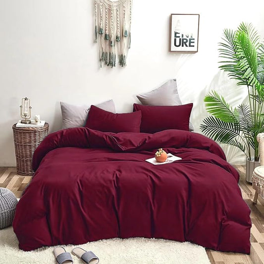 Houseri Burgundy Duvet Cover Twin Size for Kids Girls - Warm Breathable Noble Wine Red Comforter Cover - All Season Ultra Soft Comfy Bedding Set