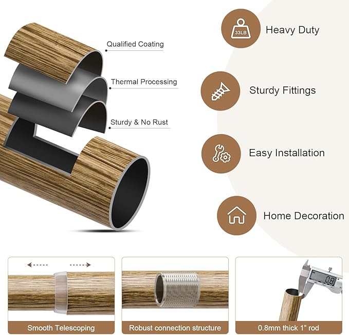 Weathered Wood Grain Curtain Rods for Windows 72 to 144 Inches 1" Diameter Boho Decorative Heavy Duty Window Curtain Rod Adjustable with Solid Finials for Living Room Bedroom Kitchen Farmhouse Outdoor