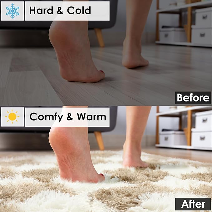 KICMOR Area Rugs for Bedroom Living Room, 4x6 Fluffy Soft Beige and Cream White Checkered Rug Fuzzy Shag Shaggy Carpet, Indoor Plush Rugs for Kids Boys Girls Dorm Nursery Office Home Decor Aesthetic