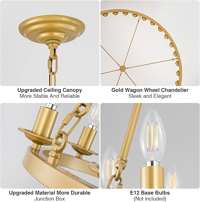 Wagon Wheel Chandelier, 36-Light Gold Large Round Modern Farmhouse Chandelier with Adjustable Height Island Light Fixture for High Ceiling Dining Room, Kitchen, Living Room, Entryways, Foyer