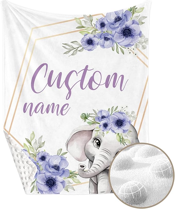 Personalized Crib Bedding Set for Boys Girls, Custom Baby Crib Sets with Name, Purple Flower Elephant Design Nursery Bedding 2 Piece - Soft Blanket with Double Layer Dotted Backing, Crib Fitted Sheet