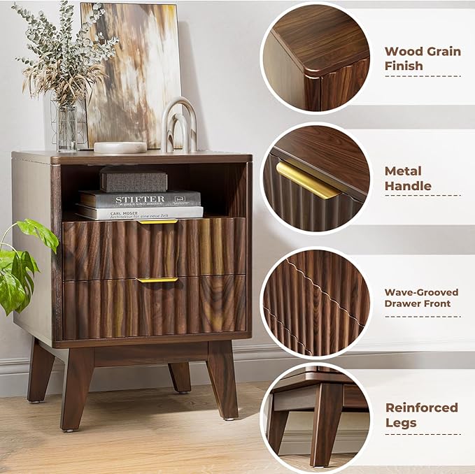 Nightstand Set of 2 with Charging Station, Modern Fluted 2 Drawers End Tables, Side Tables with Storage Shelf for Bedroom, Office, Walnut