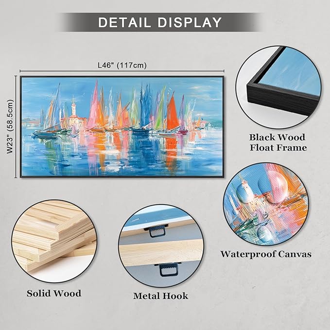 Large Framed Nautical Wall Art, Living Room Modern Coastal Wall Decor, Abstract Sailboats Seascape Paintings, Canvas Prints, Colorful Venice Coastal Scene Seaside Bedroom Bathroom Artwork, 23x46inch