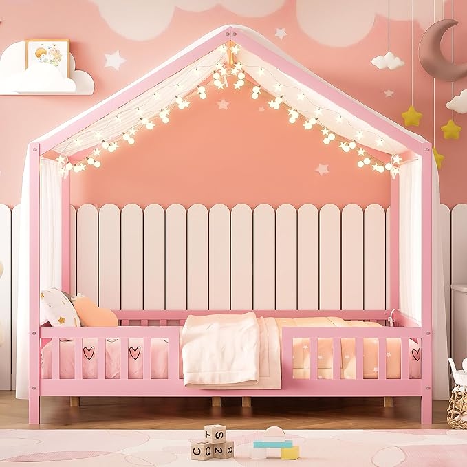 Bellemave Full House BedFrame with Canopy, Montessori Floor Bed, House Bed with Rails for Kids, Pink