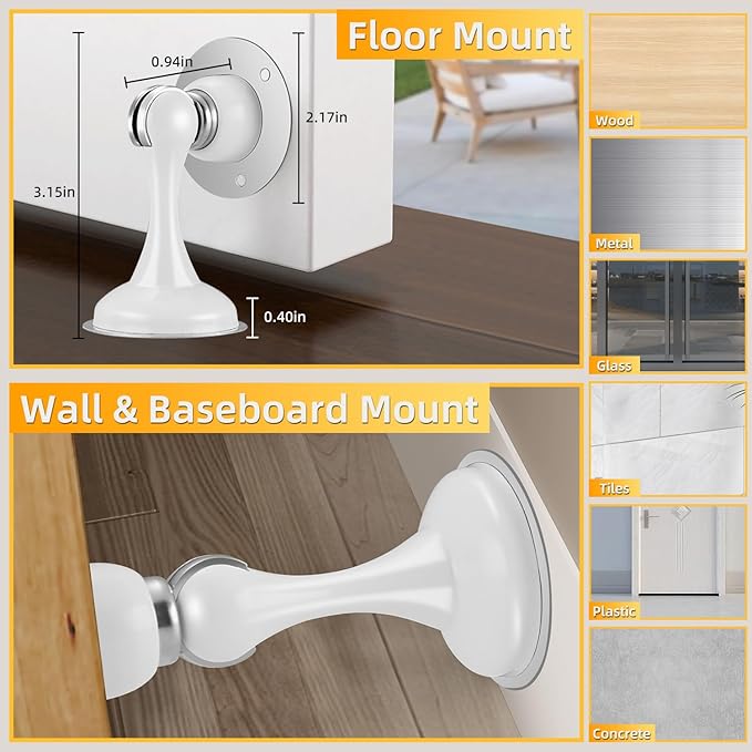 4 Pack Magnetic Door Stop No Drilling Door Stop with 3D Adhesive Tapes Keep Door Open Door Stainless Steel Screws for Stronger Mount (White)
