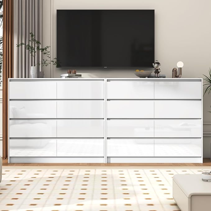 White Malm High Gloss Dresser for Bedroom, 47" Wide 41" Tall Dresser with 8 Drawers, Modern Large Wood Chest of Drawer Handle Free, Living Room, Entryway, Hallway, White