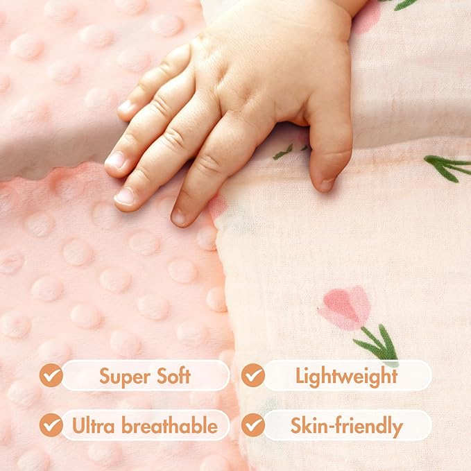 2-Pack Baby Blankets with Muslin Cotton and Minky Dots for Toddler Girls - Super Soft Baby Minky Blanket, Pink Floral Printed Blanket for Newborn, Cozy and Lightweight