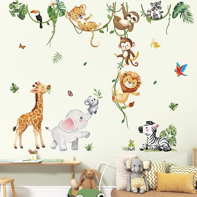 decalmile Safari Animals Wall Decals Jungle Animals Climbing Tree Giraffe Elephant Lion Wall Stickers Baby Nursery Kids Room Wall Decor