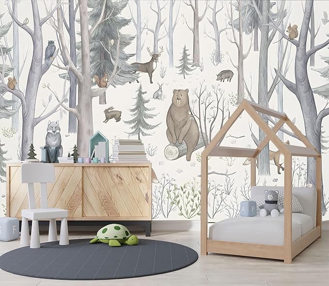 XMPMBM-Cartoon Hand-Painted Animals Woodland Nursery Room Fabric Wallpaper Graffiti Pine Forest Kids Gaming Room Wall Mural-W 132" X H 92"（93 Square Foot）