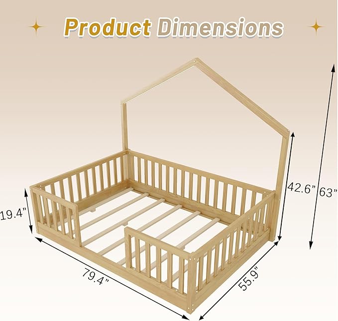 Full Size House Bed for Kids, Low Profile Full Montessori Bed with High Railings, Wood House Shape Montessori Beds with Light & Roof for Kids, Natural