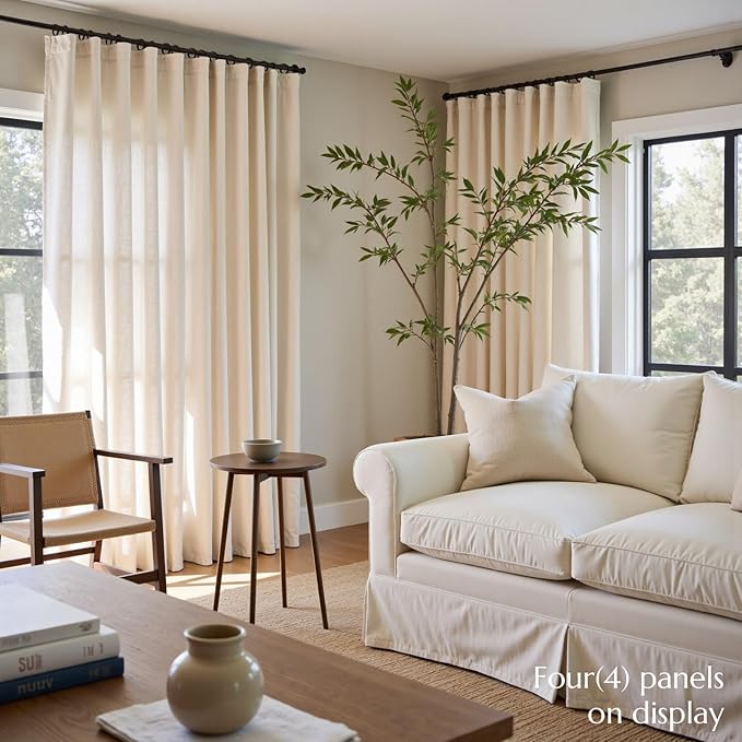 jinchan Beige Linen Blend Curtains 96 Inches Length 2 Panels Floor to Ceiling Curtains for Bedroom Living Room, Semi Sheer 50 Inches Wide Natural Farmhouse Drapes Rod Pocket Back Tab (50W x 96L, Ecru)