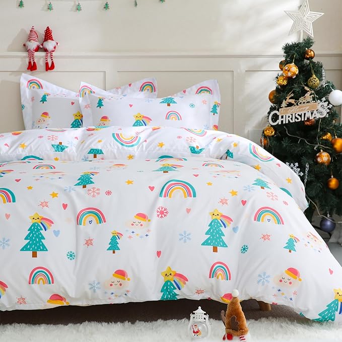 JSD Christmas Kids Duvet Cover Set Queen Size, 3 Piece Rainbow Tree Printed Microfiber Comforter Cover with Pillow Shams Zipper Closure, Comforter Not Included
