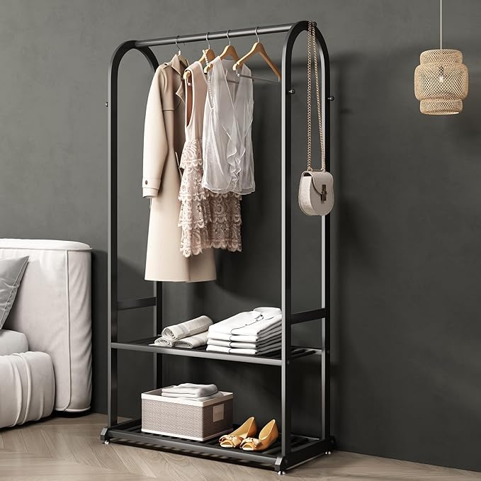 Heavy duty clothes rack,black Clothing rack,metal Garment rack with bottom shelves and 6 Side Hooks for Hanging Clothes, Coats, Shirts(L:31.5IN)