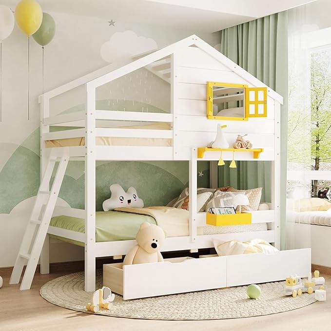MERITLINE Twin Over Twin House Bunk Bed with Storage Drawers and Storage Box, Solid Wood Bunk Bed with Ladder,Shelf and Roof (White)