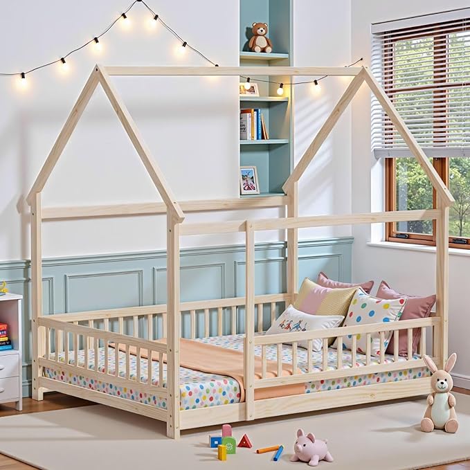 LLS Full Size Montessori Floor Bed Frame with Slats and Fence, Wooden House Bed for Boys Girls Bedroom, Natural
