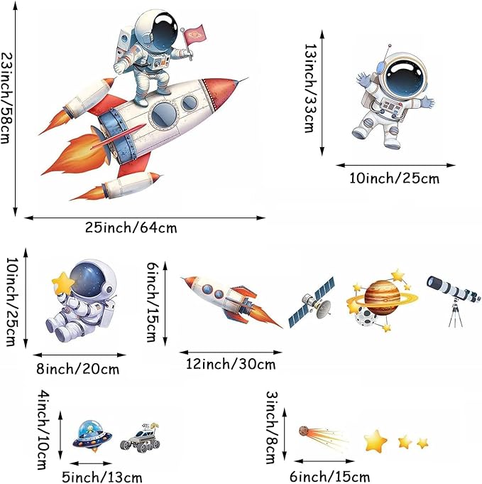 Astronaut Wall Decals Removable Peel and Stick Window Clings 2-Sheet Set with Planets, Outer Space, Rocket Boys Design for Kids Room, Nursery Classroom, Playroom Wall Decor