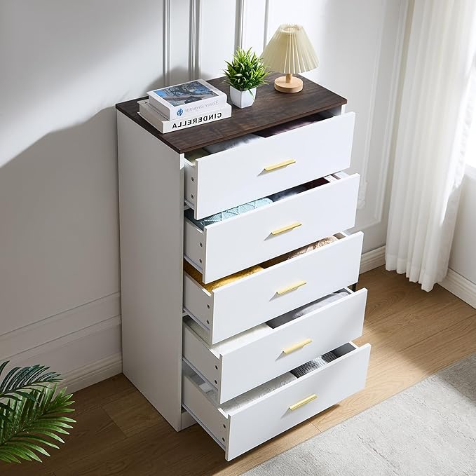 LIDYUK White Dresser for Bedroom, 5 Drawer Dressers & Chests of Drawers, Modern Wood Dresser, 47 Inches Tall Chest of Drawers for Bedroom, Hallway, Living Room