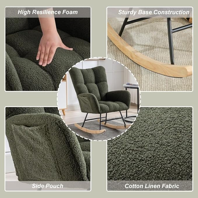 Nursery Rocking Chair Teddy Upholstered Glider Rocker Rocking Accent Chair with High Backrest Armchair Comfy Side Pocket Chair for Living Room, Bedroom, Offices (Dark Green)