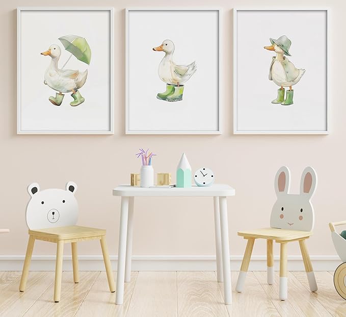 3Pcs Baby Animal Nursery Wall Art Funny Green Rain Gear Duck Painting Picture Wall Decor This Set of 3 Happy Ducks Wearing Green Boots Poster Print Artwork for Kids Boys Room Bedroom Decorate,Unframed