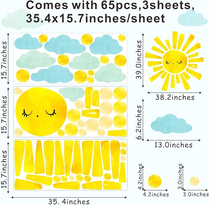 Large Sun Clouds Wall Decals Polka Dots Wall Decals Sun Cloud Wall Stickers for Kids Room Bedroom Nursery Playroom Classroom Decor