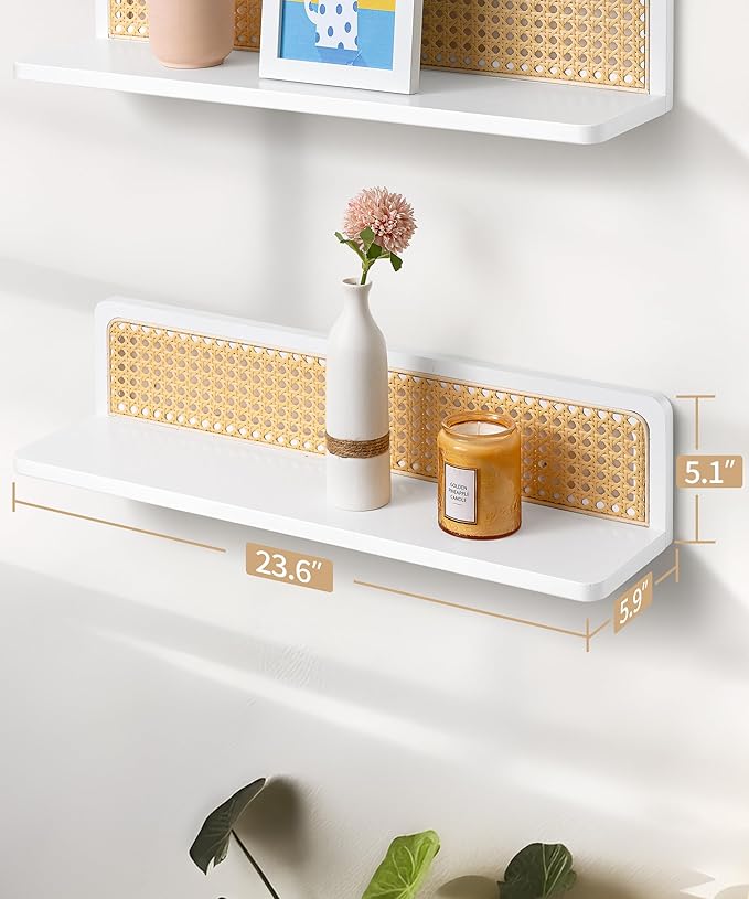 Rattan Wall Shelf 24inch Set of 2, Handmade White Floating Shelves Boho Wall Decor, Rustic Wood Wall Mounted Storage Shelves for Living Room Nursery Bedroom
