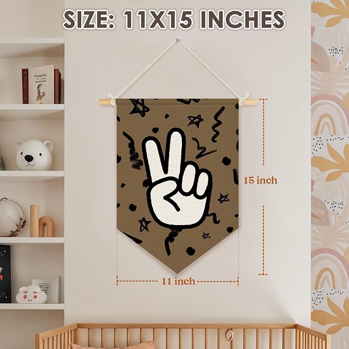 Wheatwin Boys Room Decor, Trendy Retro Wall Decor for Kids Toddler Nursery Room Bedroom Playroom, Peace Sign Brown Wall Hanging Pennant Flag Banner 15x11 Inch