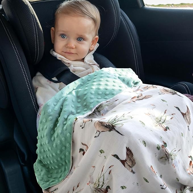 LifeTree Baby Blankets for Newborn, Soft & Lightweight Swaddle Blankets, Muslin Front and Dotted Fleece Backing Receiving Bed Blanket, 31X40 Inches, Baby Girl & Boy Blanket, Duck and Green
