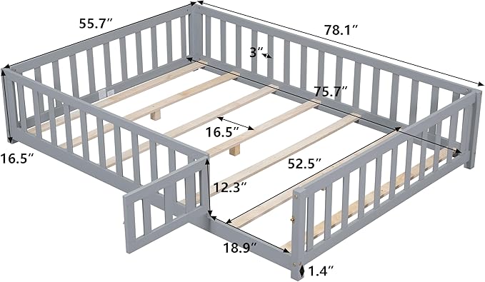 Full Size Floor Platform Bed with Fence and Lockable Door, Wood Montessori Bed Frame with Slat Support for Kids,Girls,Boys, Easy to Assemble,Grey
