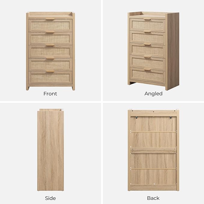 SICOTAS Dresser for Bedroom Chest of Drawers 46" Tall Dresser for Closet with 5 Rattan Drawers Boho Nightstands Set of 2 Large Clothes Storage Cabinet TV Stand for Living Room Hallway Nursery Entryway
