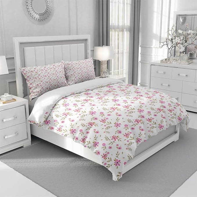 Floral Girls Duvet Cover Twin Size Pink Floral Duvet Cover Chic Garden Flower Bedding Sets Lightweight Soft Aesthetic Flower Comforter Cover 1 Twin Duvet Cover with 2 Pillowcases, No Comforter