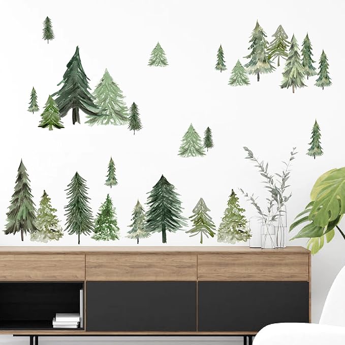 Watercolor Tree Wall Stickers Small Pine Tree Wall Decal Green Trees Wall Window Stickers Removable Forest Trees Decals Peel and Stick Small Tree Wall Decals for Bedroom Living Room