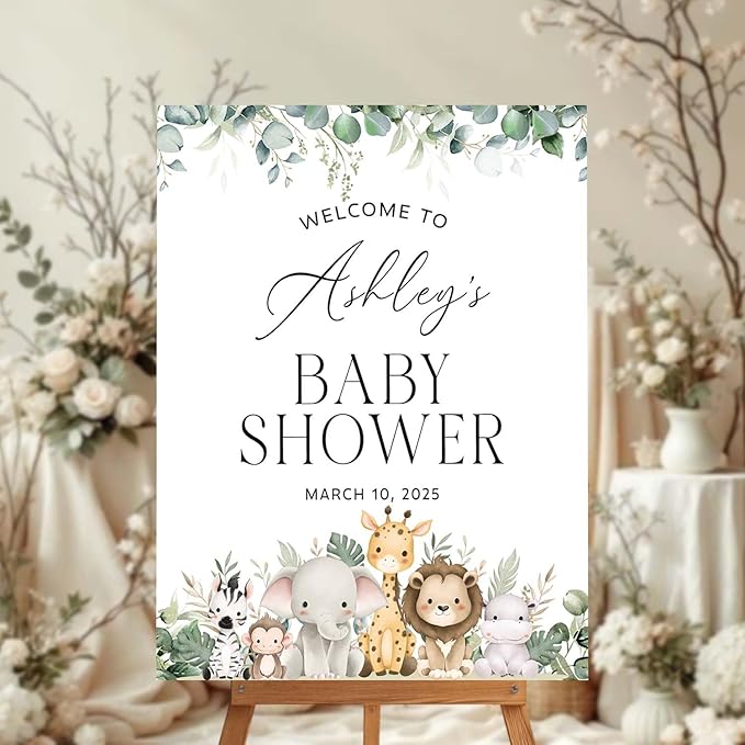 Personalized Safari Baby Shower Welcome Sign for Boys or Girls - Jungle Animal Baby Announcement Yard Sign - Neutral Entrance Decor