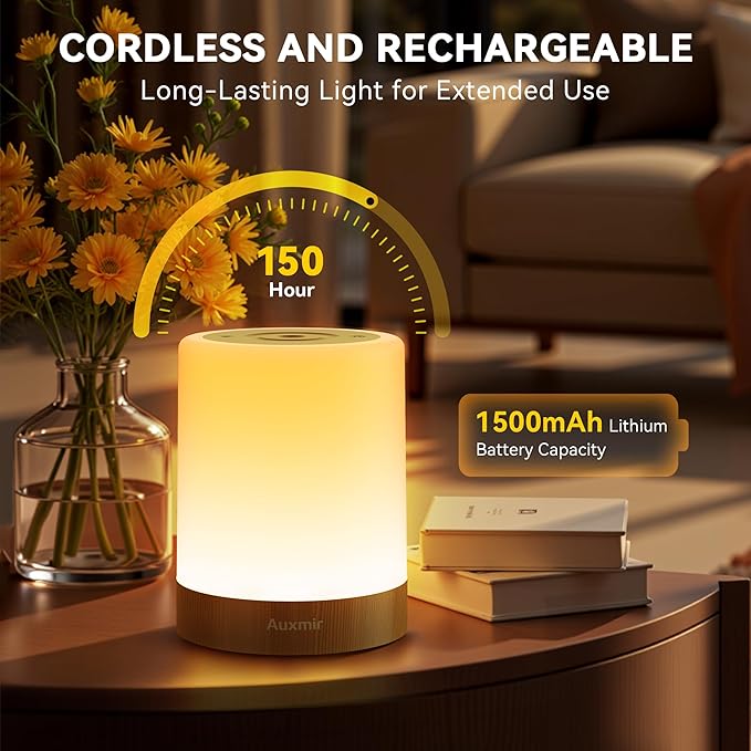 Auxmir Night Light for Kids Baby, Dimmable Touch Lamp for Nursery, 11 RGB Colors 5 Brightness, Portable Rechargeable Table Lamp for Nightstand, Kids Night Light for Bedroom Living Room, Brown-2 Pack