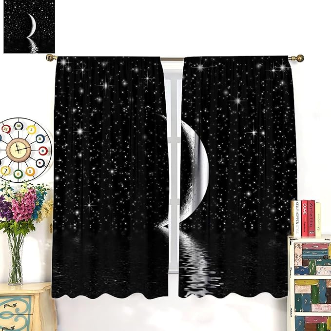 Night Starry Sky Curtain, Black Moon Phase Cloud Stars White New Moon Sparkly Shiny Galaxy Space Lake Fantasy Window Curtains for Kids Boys Girls Room Bedroom Living Room Decor 42" W X 45" L