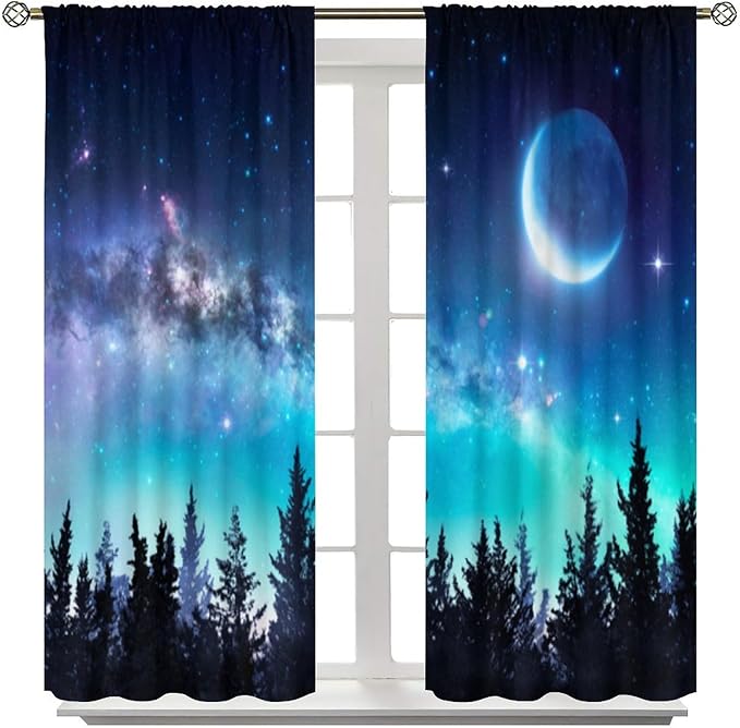 Galaxy Forest Blackout Curtains, Night Starry Sky Stars Moon Aurora Borealis Window Drapes for Bedroom Living Room Home 42" W X 54" L