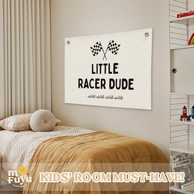 Little Racer Dude Canvas Banner – Race Car Room Decor for Boys, Toddler Boy Wall Hanging for Bedroom or Playroom, 30x20 Inch