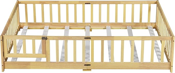 Full Size Floor Bed with Convertible Door & Wood Slats Support for Girls & Boys,Wood Montessori Bed Frame w/Guardrails & Close to The Floor for Kids,Natural