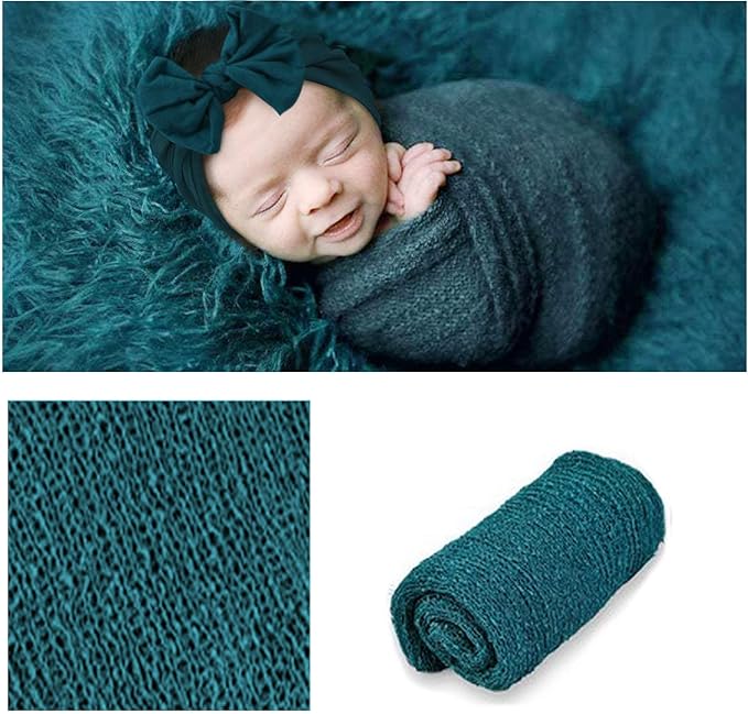 SPOKKI 4 Pcs Newborn Photography Props Outfits- Baby Dark Green Long Ripple Wrap and Toddler Swaddle Blankets Photography Mat with Cute Headbands for Infant Boys Girls(0-12 Months)
