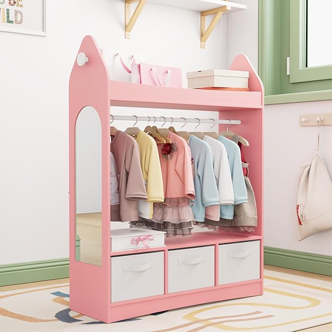 Kids Dress Up Storage Rack Mirror Wood Child Wardrobe 2 Hooks 2 Fabric Bins Toddler Closet Girls Boys Open Hanging Armoire Storage Shelf Coat Costume Hat Shoe (Pink/Rocket/Three Drawers)
