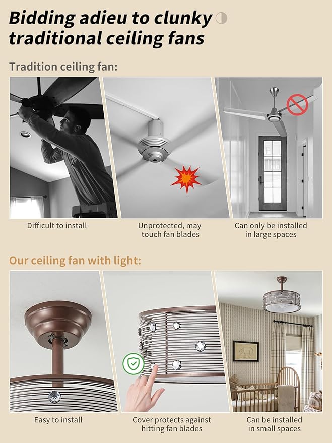 20" Farmhouse Fandelier Ceiling Fan with Light, Rustic Chandelier Ceiling Fans with Lights Remote Control, Caged with 6 Speeds for Bedroom, Living Room, Nursery