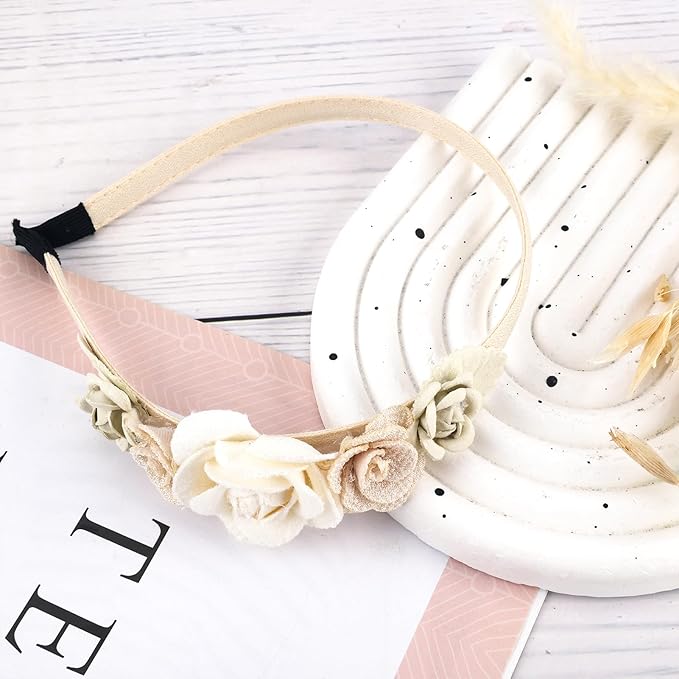 Flower Headbands for Girls Kids Toddlers Rose Floral Headpiece Non Slip Elegant Wedding Flower Crown Hairband Spring Summer Fashion Cloth Headdress Accessories for Birthday Party (Beige)