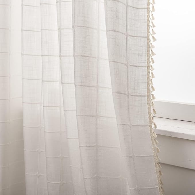 Deeprove Boho Plaid Curtains 72 inch for Home Office Kitchen Nursery, Moroccan Casual Farmhouse Tassels Window Treatment Bohemian Embroidery Drape Rod Pocket 1 Panel 52 W x 72 L, Cream White