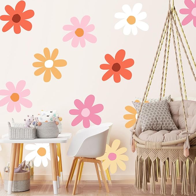 TaoBary 12 Sheets Daisy Wall Decal Flower Wall Sticker Cute Daisy Sticker Pink White Flower Decal Peel and Stick Floral Wallpaper for Nursery Bedroom Home Decor(Bright Color,Minimalist Style)