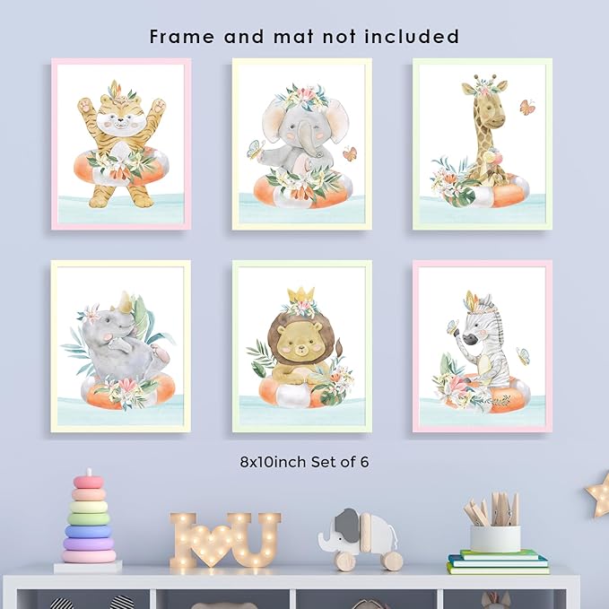 Safari Animal Nursery Decor Prints - Set of 6 Watercolor Sea - Gift Jungle Designs Baby Room 8X10 Unframed
