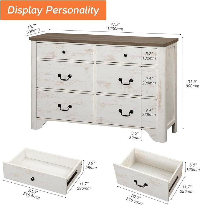 WAMPAT Baby Dresser with 6 Drawers for Bedroom, 47.2“ Wide Farmhouse Dresser with Large Drawers for Bedroom, Living Room, Hallway, White
