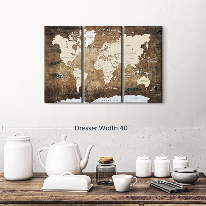 ElephantStock Aged Brown World Map I Wall Art - 3 Piece Canvas World Map Wall Decor - Ready-to-Hang Canvas Print - Vintage Wall Art - 23" X 14"