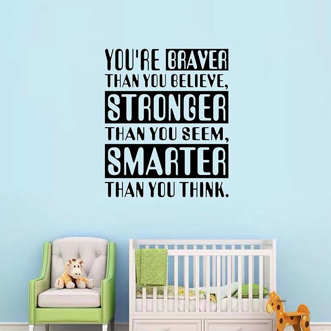 Baby Quotes Wall Stickers for Nursery: Kids Inspirational Positive Moon Stars Vinyl Art Wall Decals - Bedroom Playroom School Wall Decor - You're Braver Than You Believe Stronger 15" X 18"