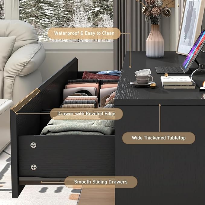 Black Malm Dresser for Bedroom, 63" Wide 37" Tall Dresser with 12 Drawers & Charging Station, Modern Large Wood Chest of Drawers Handle Free for Bedroom, Living Room, Entryway, Hallway, Black